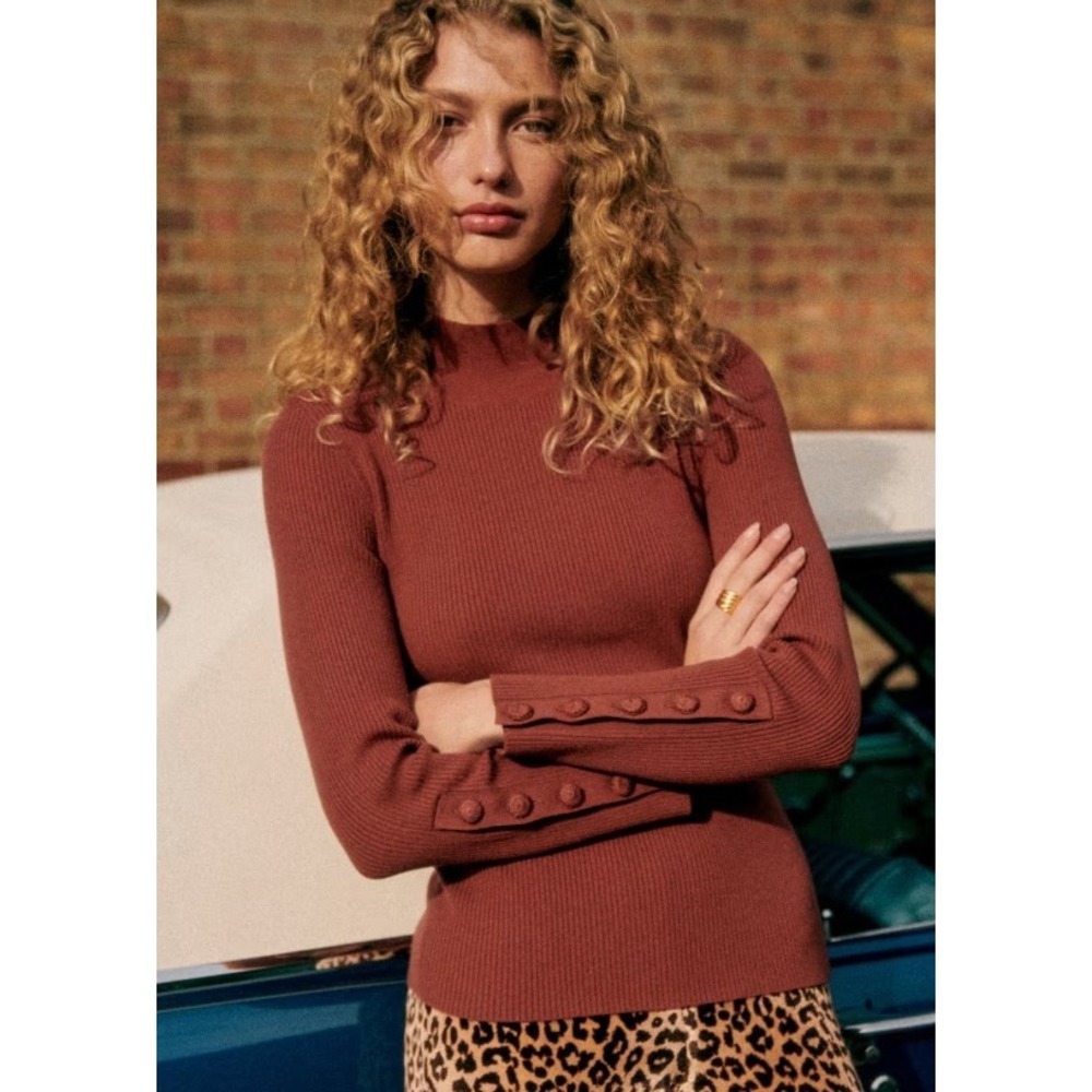 Sezane Hayley merino wool ribbed mock neck sweater Size S brick orange red